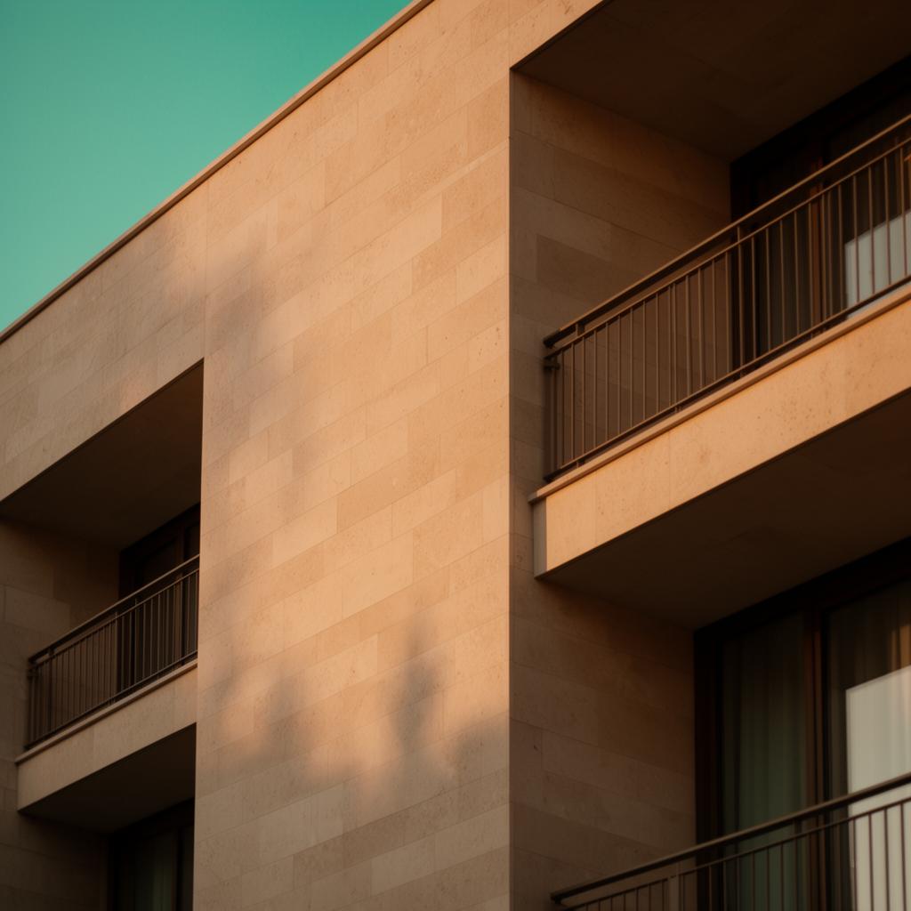 Architectural detail of a modern stone facade with balconies